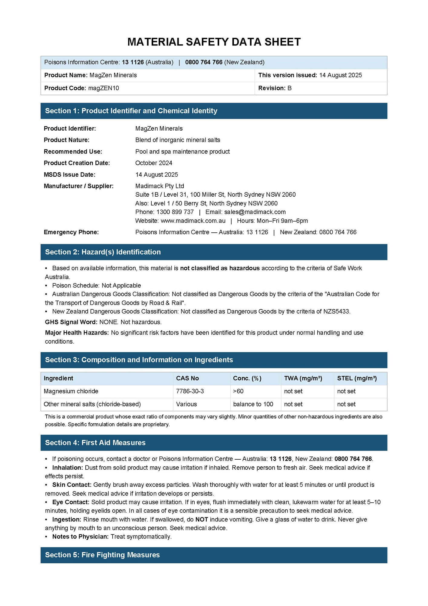 Madimack-MagZen Minerals MSDS-AU